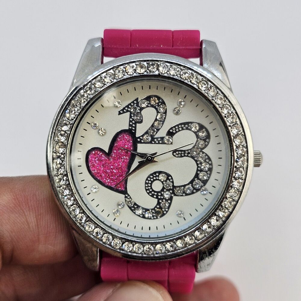 Heart Dial Women's Watch 42MM Large Case Pink Plastic Bands New Battery